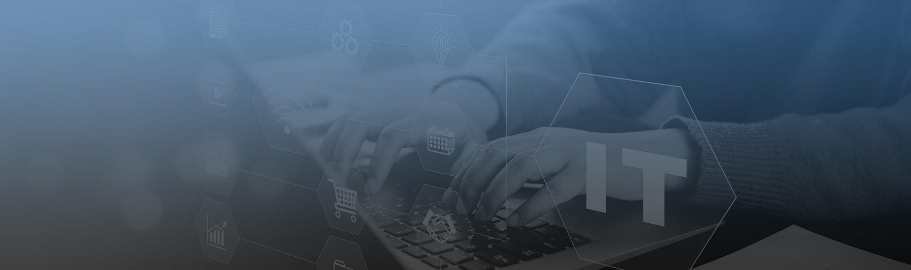 A Lakeland Care Plus Technology client accessing information technology services on their computer with an IT graphic overlay visible.