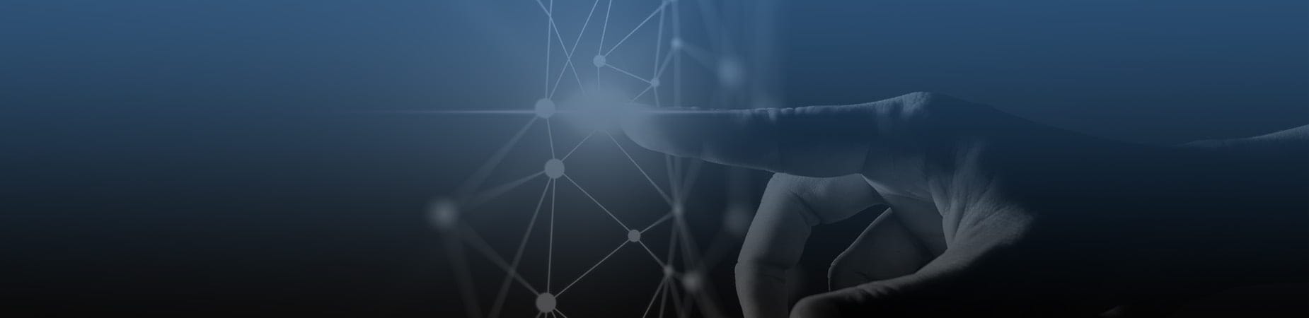 A hand touching a glowing network on a dark background signifying making a connection with Lakeland Care Plus Technology.